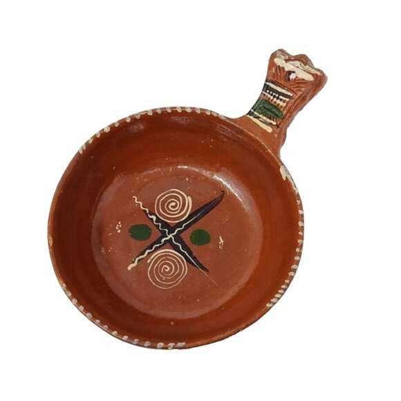 Vintage Terracotta Slipware Handled Bowl Mexico Tlaquepaque Redware Bandera - Picture 1 of 8